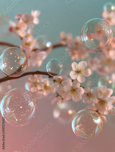 A macro photo showcases numerous bubbles adorning a twig and a floral centerpiece  high resolution   for isolate image