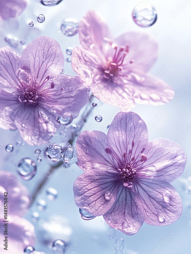 A light watery pastel background with purple flowers and bubbles high resolution for isolate image