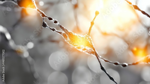 Neuron Structure with Glowing Accents on a Grey Background