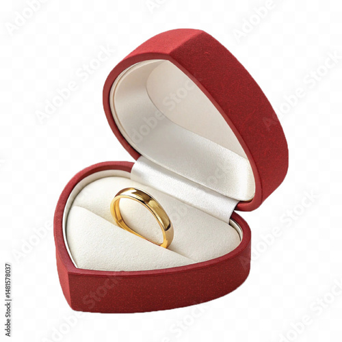 beautiful shiny gold wedding ring with red box in love style isolated on transparent background