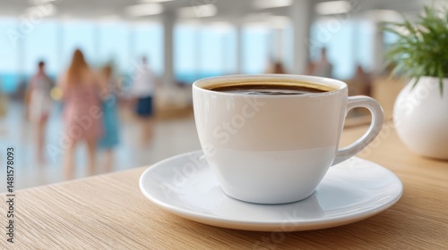 Wallpaper Mural A coffee cup sits on a wooden table, with a bright, blurred background of people and natural light. Torontodigital.ca