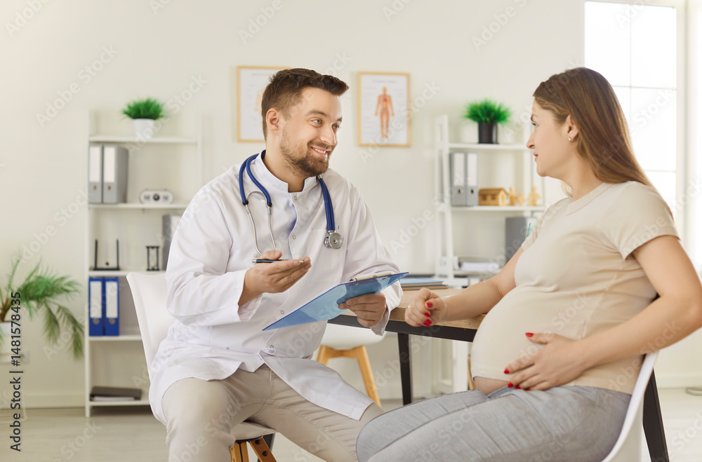 Fototapeta premium Young pregnant woman checkups visiting doctor in clinic, medical gynecologist examines, expectant mother and prenatal health care, healthy pregnancy, testing, explaining, explicate, clarify results