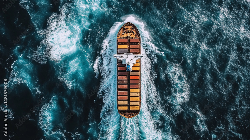 A large cargo ship navigates through vibrant blue waters, container ship battles massive waves in a turbulent blue ocean, Aerial top view of a cargo ship sailing in the open sea with vivid colors. A large cargo ship navigates through vibrant blue waters, container ship battles massive waves in a turbulent blue ocean, Aerial top view of a cargo ship sailing in the open sea with vivid colors.