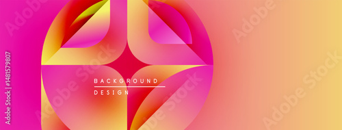 Abstract vibrant design. Overlapping shapes create dynamic gradient effect. Pink, yellow, orange hues dominate composition. Modern aesthetic.