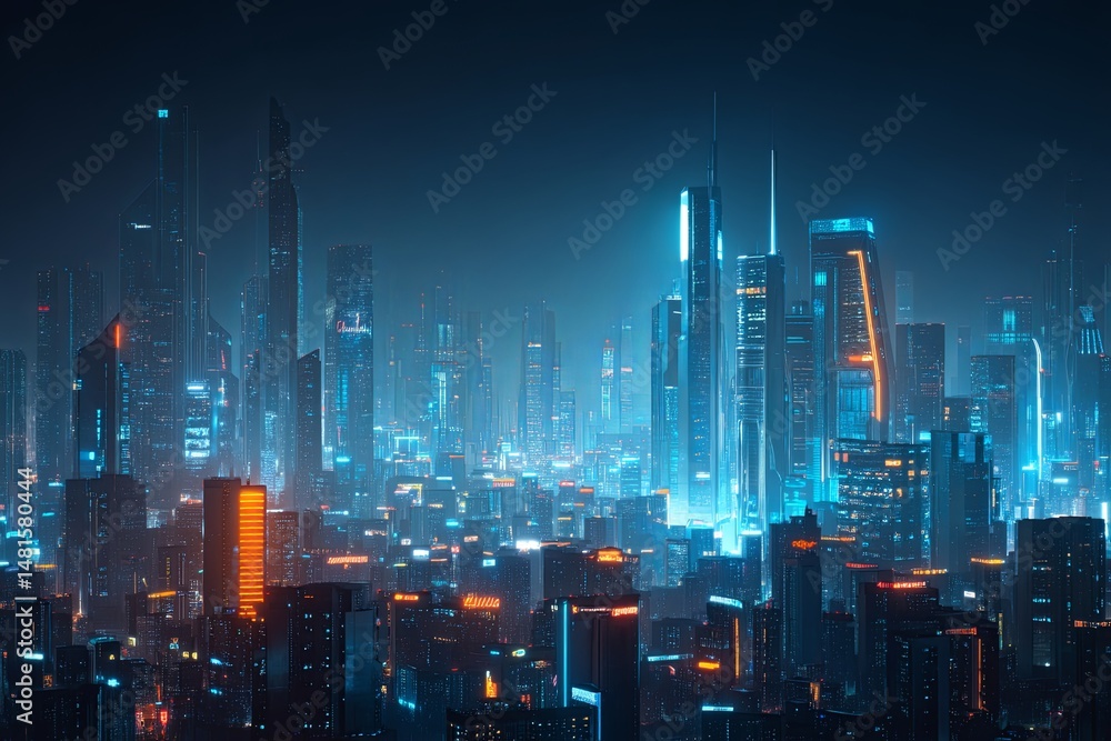 Fototapeta premium Futuristic City Skyline at Night with Glowing Lights and Digital Elements, Abstract Urban Landscape, High-Tech Urban Illustration