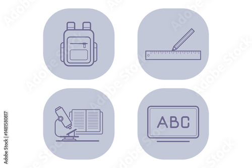 Various icons of essential education items like backpack, ruler, pencil, microscope, and chalkboard. Tools needed for learning concept