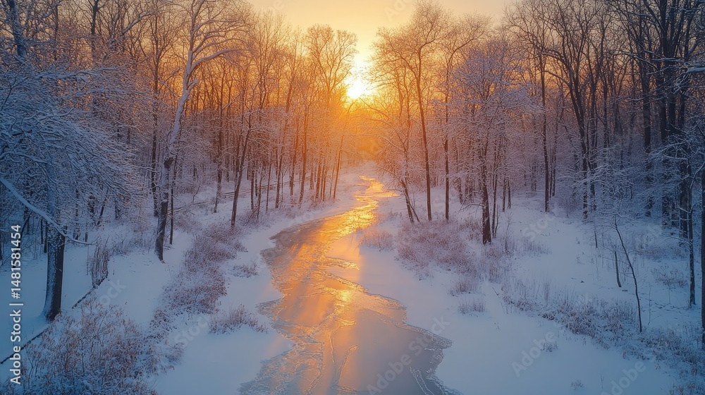 Snow-draped forest illuminated by golden rays of sunrise with a frozen stream winding through, Generative AI Snow-draped forest illuminated by golden rays of sunrise with a frozen stream winding through, Generative AI