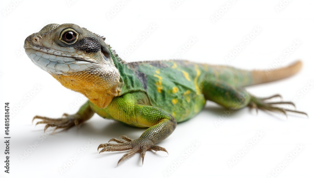 Fototapeta premium Captivating lizard displaying vibrant green and yellow hues on a minimalistic white backdrop perfect for creative projects