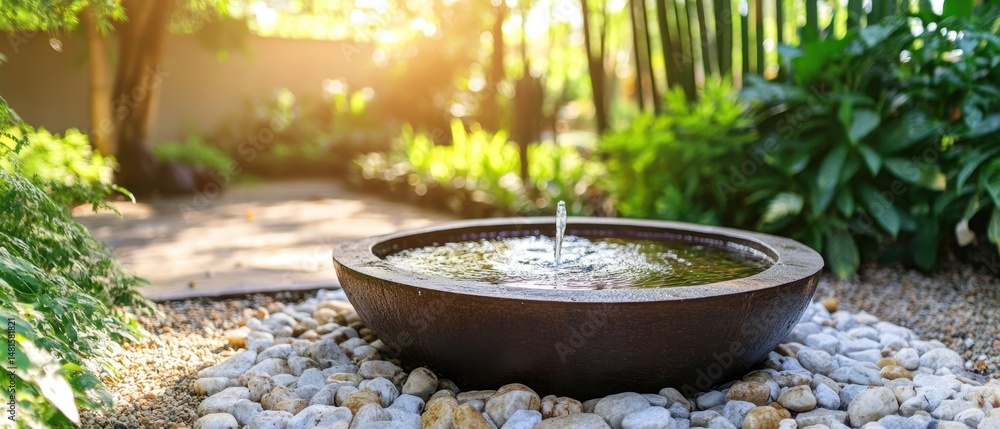 Serene water fountain feature in a lush garden setting with sunlight filtering through the trees creating a tranquil atmosphere