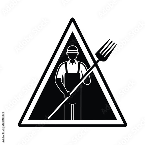 Silhouette of a gardener holding a pitchfork inside a warning triangle illustrating agricultural work