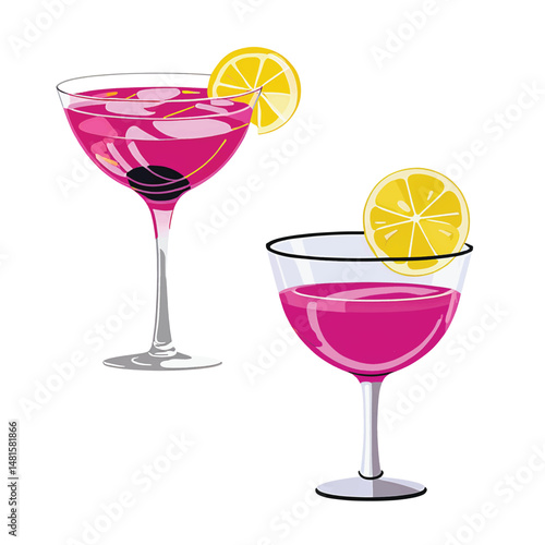 Two elegant pink cocktails garnished with lemon slices isolated on a white background