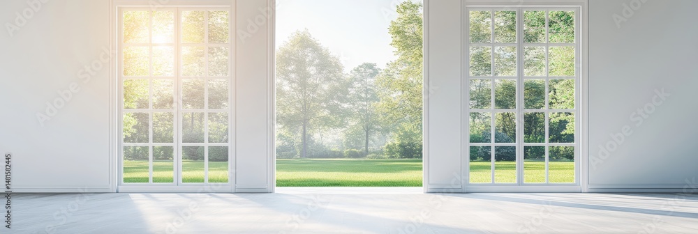 Fototapeta premium Bright modern interior expansive glass doors with inviting garden background creating a serene and minimalist living space for relaxation and contemplation