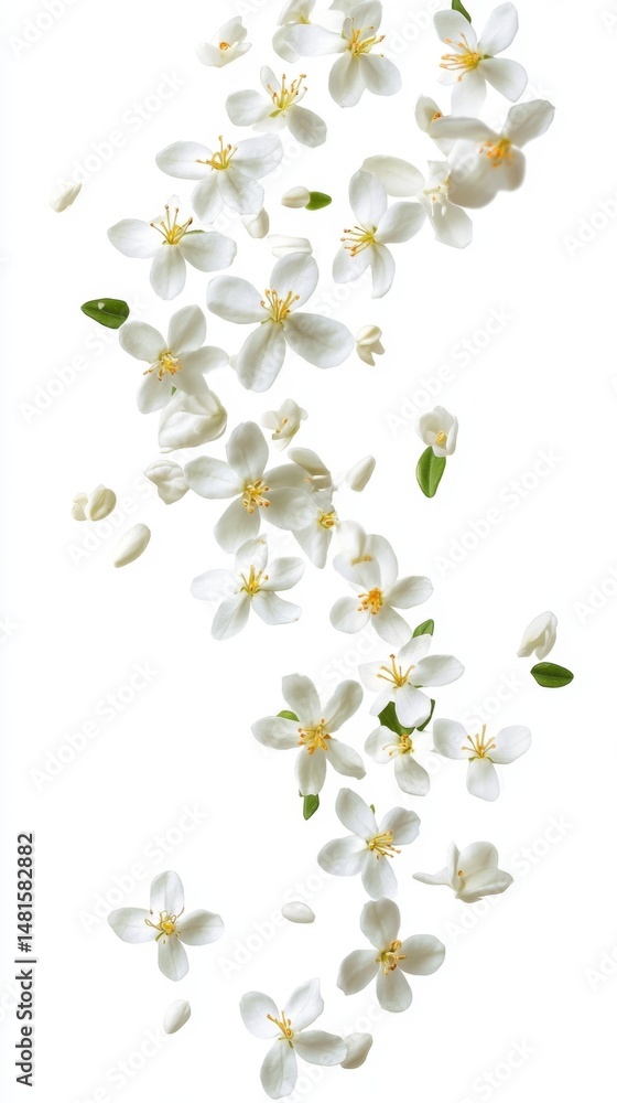 Fototapeta premium Delicate Falling Orange Blossoms on White Background Overhead View Floral Arrangement Nature Springtime