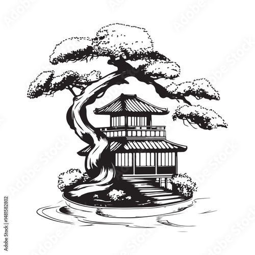 Fantasy Japanese tree house in a bonsai tree image vector isolated on white background.