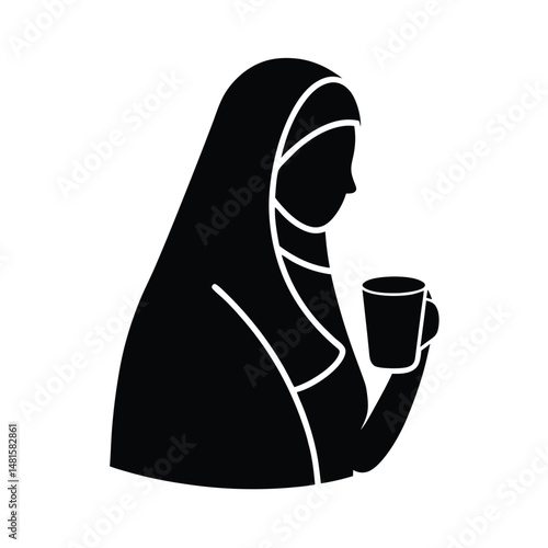 Silhouette of a woman wearing a hijab holding a coffee cup isolated on a white background