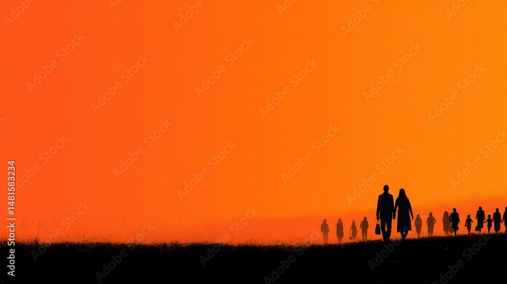 Fototapeta premium Silhouette Journey: A group of people, in silhouette against a vibrant orange sunset sky, walk towards the horizon, evoking themes of travel and togetherness.