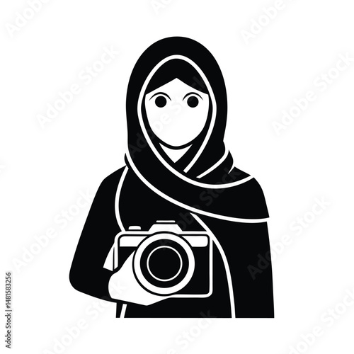 An elegant black and white illustration depicting a woman in a hijab holding a camera ready to capture photographs