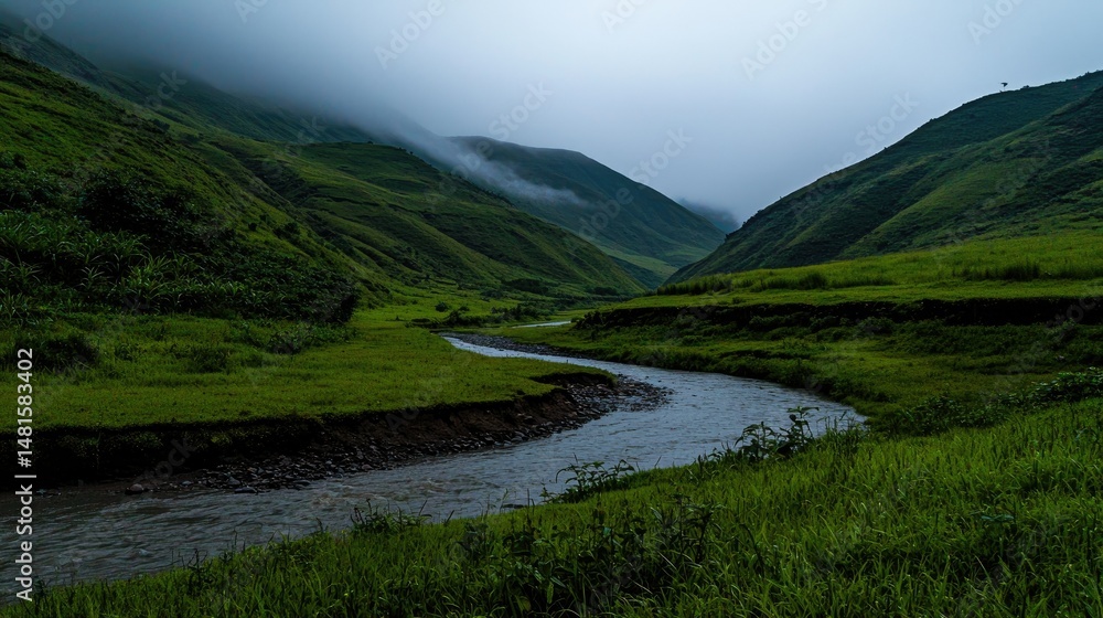 Fototapeta premium A flowing river winds through a green valley landscape setting