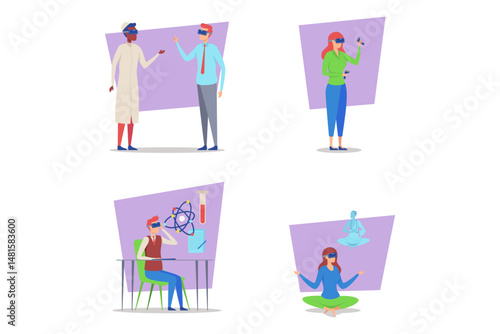 Four individuals engaged with virtual reality technology in various settings, showcasing its applications in education and healthcare