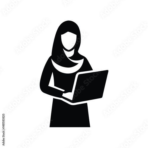 Vector illustration of a professional woman wearing a hijab using a laptop computer icon in a black and white minimalist design