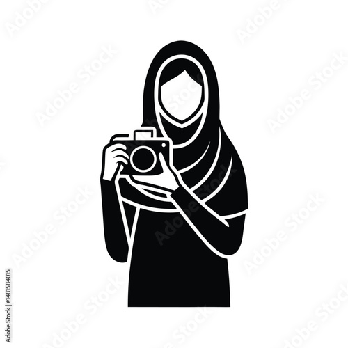 An illustrated black and white silhouette of a muslim woman holding a camera ready to take pictures
