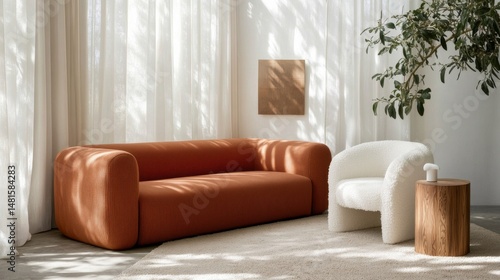 A modern living room with a orange sofa, white accent chair, and minimalist wall art. Natural light filters through sheer curtains, highlighting a plant and wooden side table.