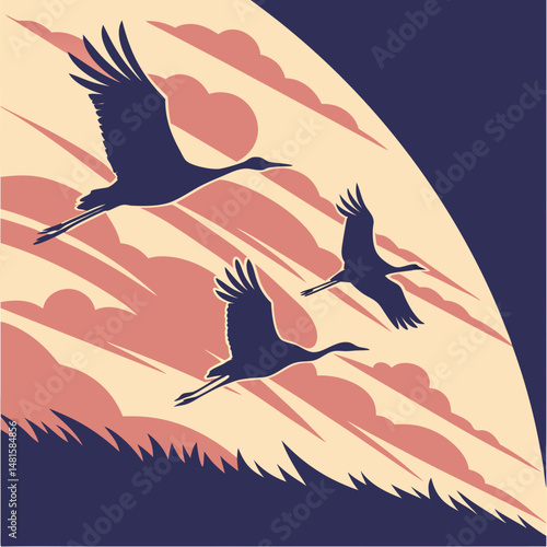 Cranes flying in V-formation silhouette against a vibrant sunset sky, minimalist and dramatic digital artwork.