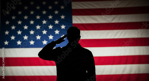 Silhouetted Soldier Saluting Before a Faded American Flag Backdrop