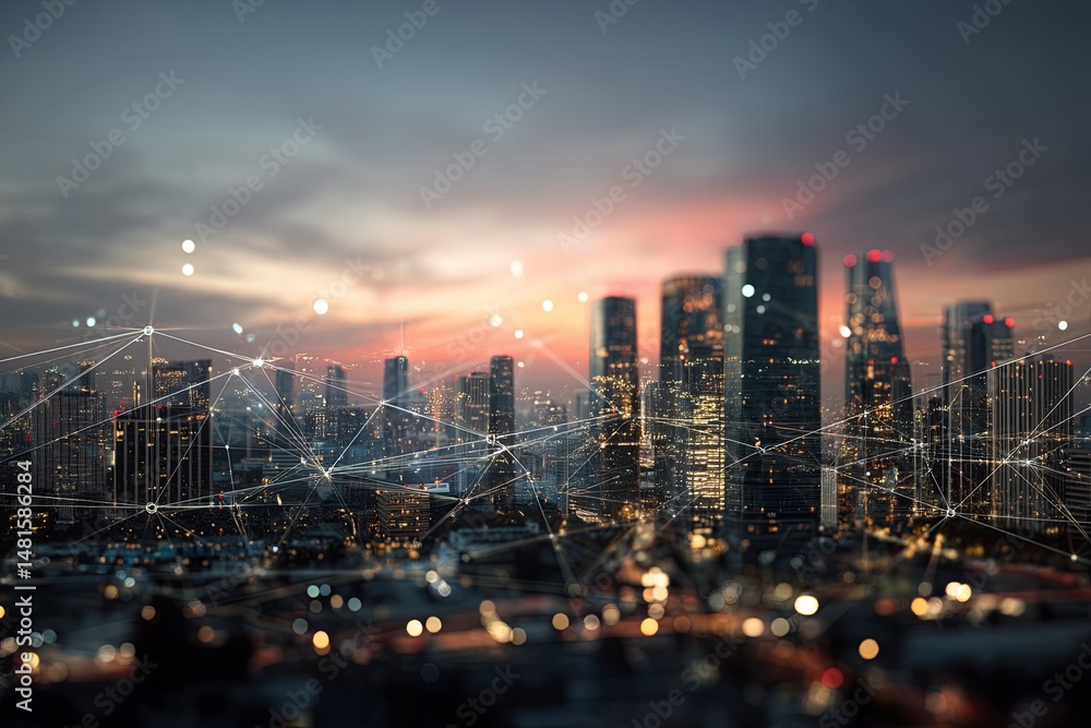 Fototapeta premium Urban skyline view with illuminated buildings and digital network connections at sunset, showcasing modern technology and city life dynamics