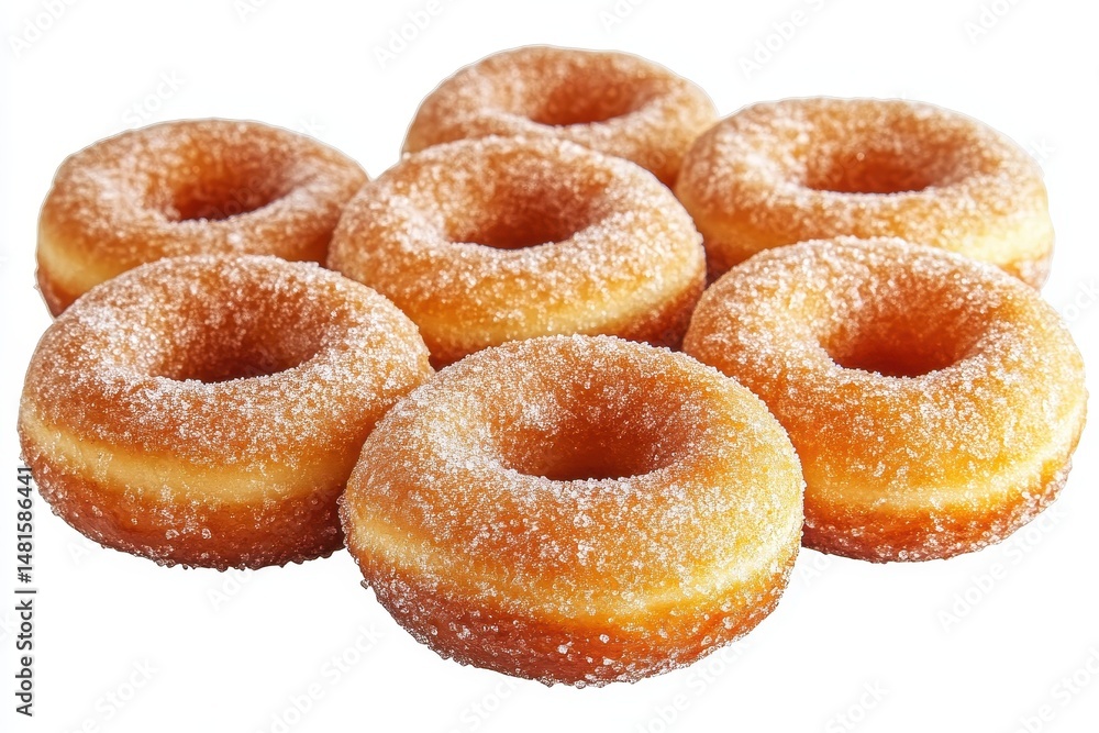 Delightful assortment of sugar-dusted doughnuts arranged in a tempting display on a white backdrop Delightful assortment of sugar-dusted doughnuts arranged in a tempting display on a white backdrop