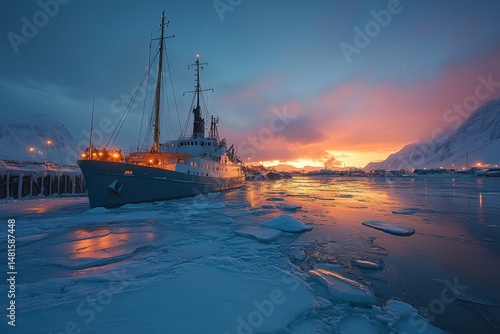Wallpaper Mural Aurora illuminating a frozen harbor with ships covered in ice and snow, Generative AI Torontodigital.ca