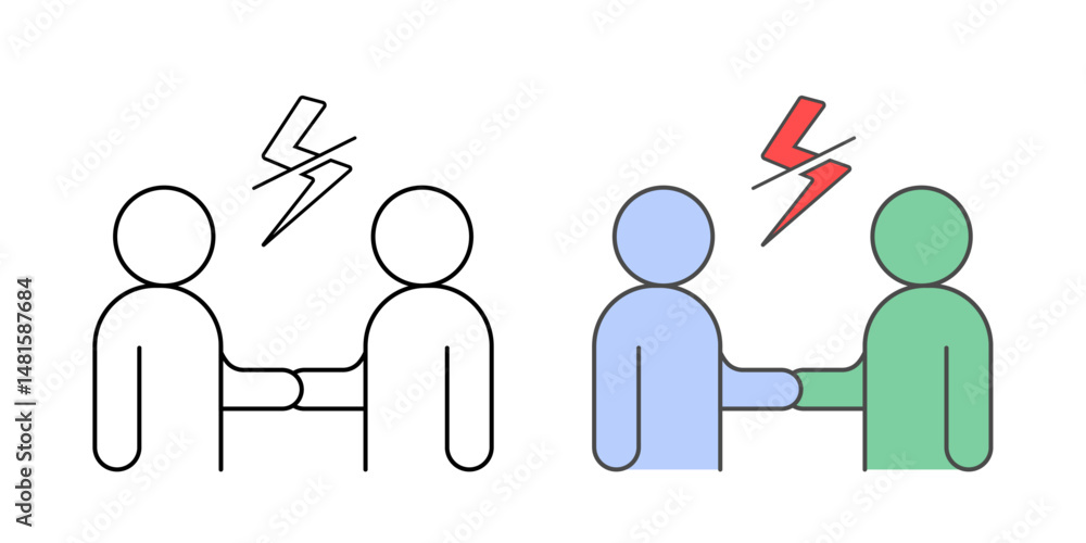 Fototapeta premium Conflict resolution icon – handshake between two people with slashed lightning symbol, representing peace, agreement, and resolving disagreements.