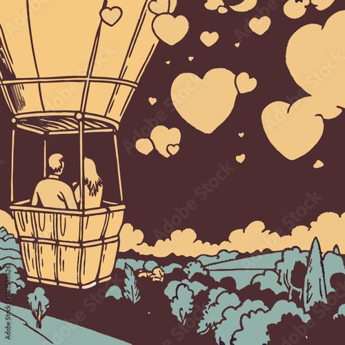 Romantic hot air balloon ride with floating hearts drifting in the sky, perfect for love and celebration themes.