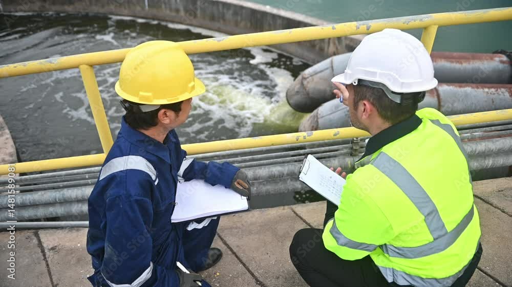 An inspector and a water treatment plant engineer are working together to plan a change in the treatment plant's water filter to bring the water up to state standards. An inspector and a water treatment plant engineer are working together to plan a change in the treatment plant's water filter to bring the water up to state standards.