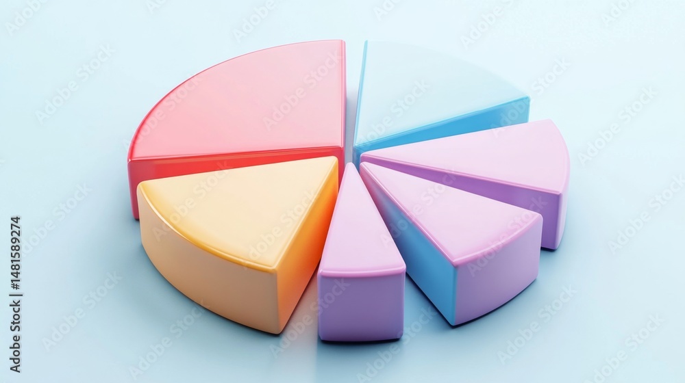Fototapeta premium Exploded D pie chart with separated parts in vivid tones and soft shadows