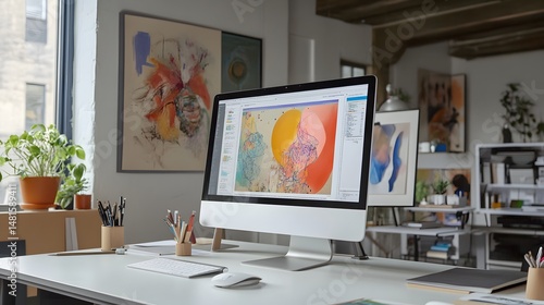 Wallpaper Mural Creative workspace with digital art display on computer monitor. Torontodigital.ca