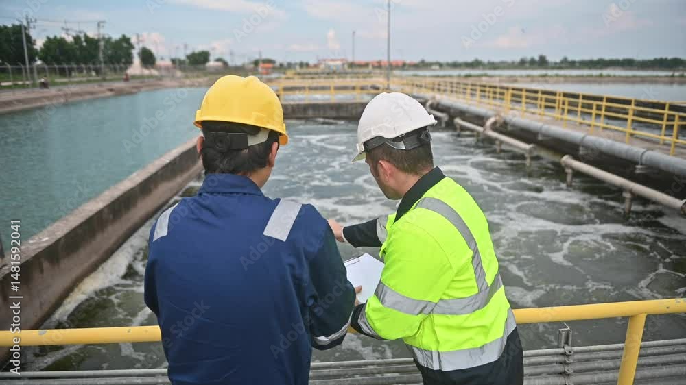 An inspector and an engineer at a water treatment plant are working together to plan the installation of additional water filters to make the water cleaner and safe for household use. An inspector and an engineer at a water treatment plant are working together to plan the installation of additional water filters to make the water cleaner and safe for household use.