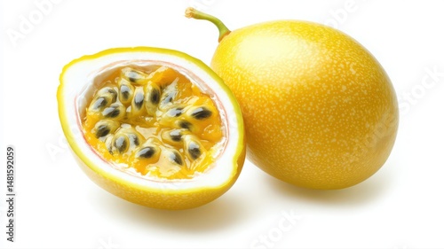 Halved and Whole Yellow Passion Fruit on White Background