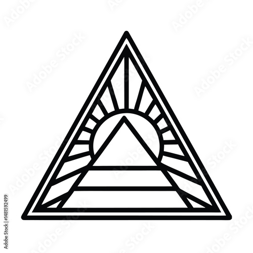 Geometric illustration of a pyramid design featuring a sunburst element with layers of symmetry within the shape.