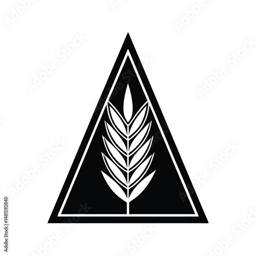 Simple black and white wheat graphic inside a triangle shape suitable for agriculture and food related concepts.