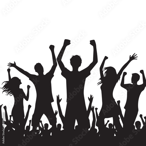 Simple black and white editable vector silhouette of people cheering happily