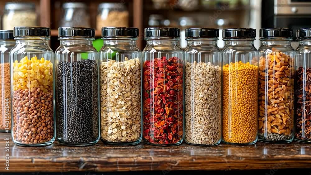 Dried foods in glass jars on wooden countertop Dried foods in glass jars on wooden countertop