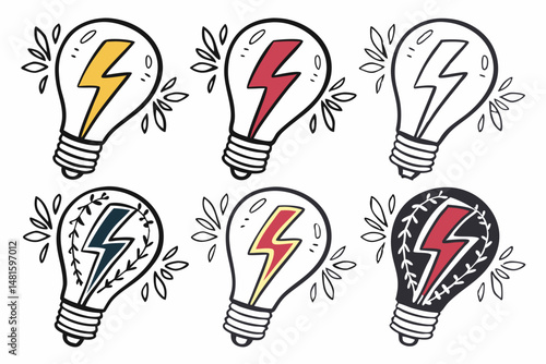 set of light bulb with  Lightning Bolt vector silhouette illustration isolated on white background