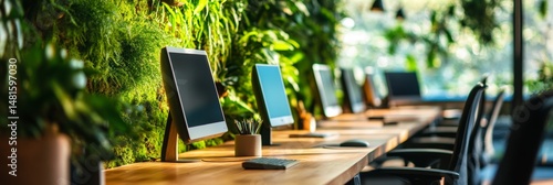Eco-friendly co-working: bright office space with computers and vertical garden background sustainable workplace for productivity