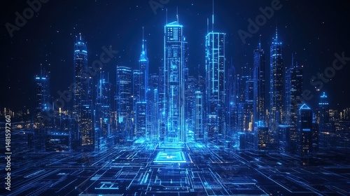 A holographic blueprint of a high-tech smart building in a futuristic city 