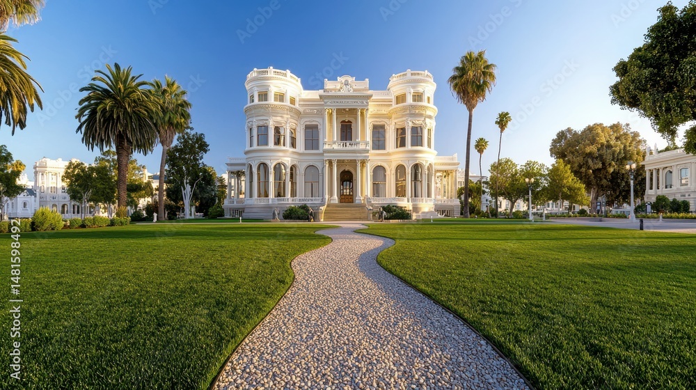 Fototapeta premium Grand White Mansion on Lush Green Lawn with Palm Trees