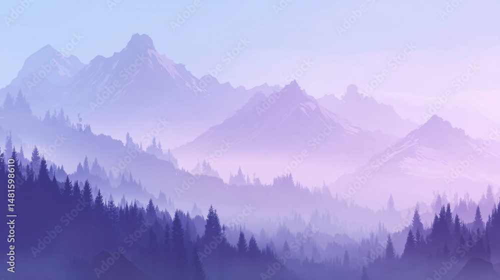 Obraz premium purple mountains with peaks covered in soft mist, silhouettes of trees at the foot of the mountain, gradient background from light purple to pale blue