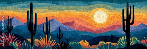 A bold, colorful mosaic of the Arizona desert featuring cacti, mountains, and a warm sunset with Native American geometric patterns.