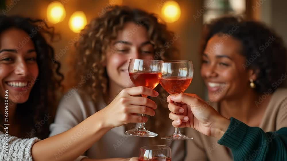 This Three friends joyfully toast with their glasses of rose wine at a festive gathering. This Three friends joyfully toast with their glasses of rose wine at a festive gathering.