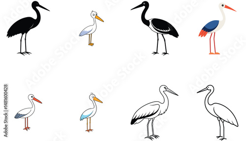 Collection of Cartoon Storks and Herons Illustrations